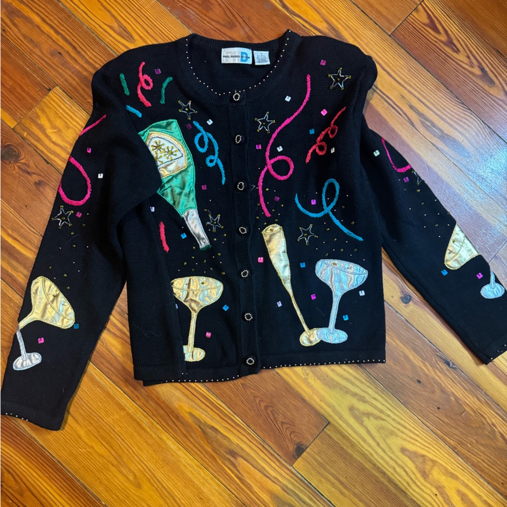 Festive Black Cardigan with Colorful Embellishments